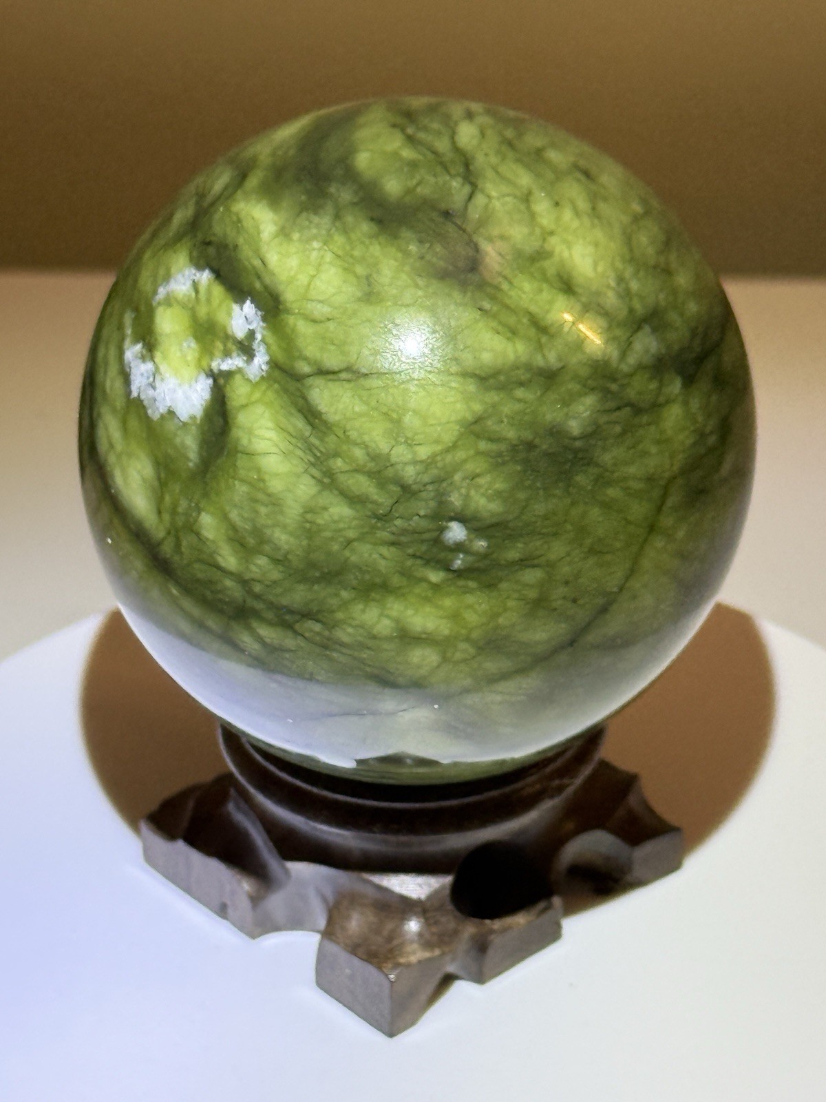 STUNNING Polished Nephrite Jade Sphere w/ Wooden Stand