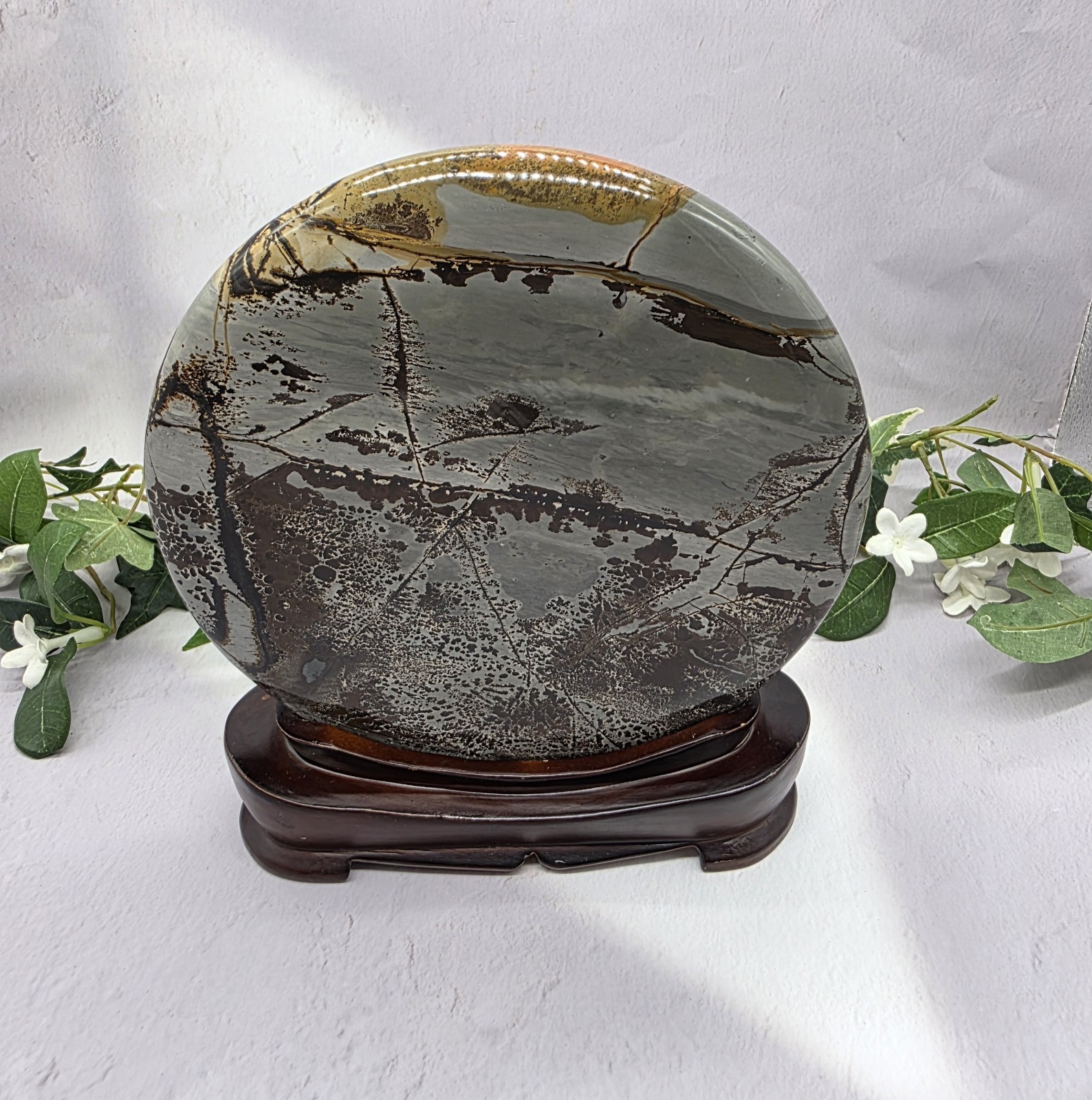 Large Round Picture Jasper Scenic Display Plaque with Wood Stand 5 Pounds +