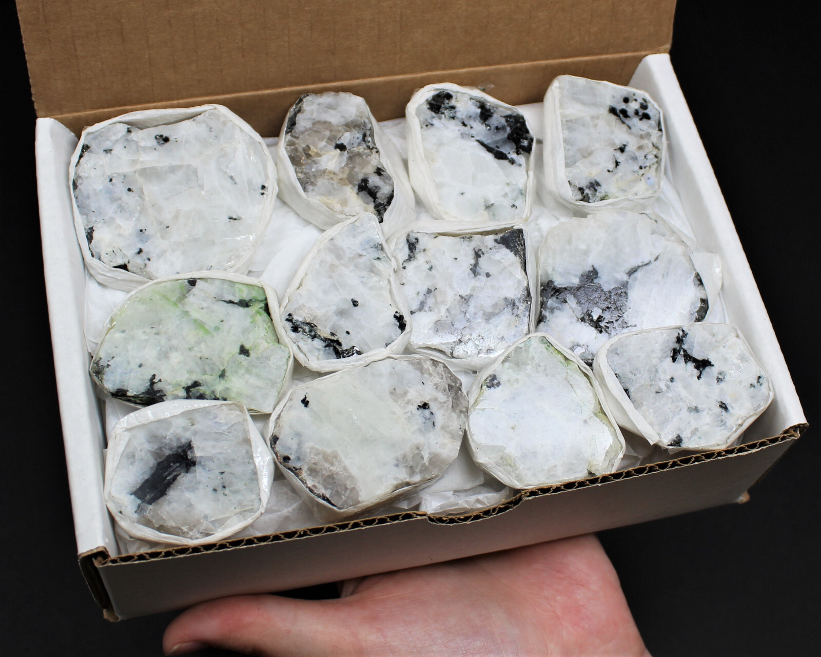 Rainbow Moonstone Premium Natural Rough Specimen Box: 8 or 12 Piece ‘AAA’ Grade