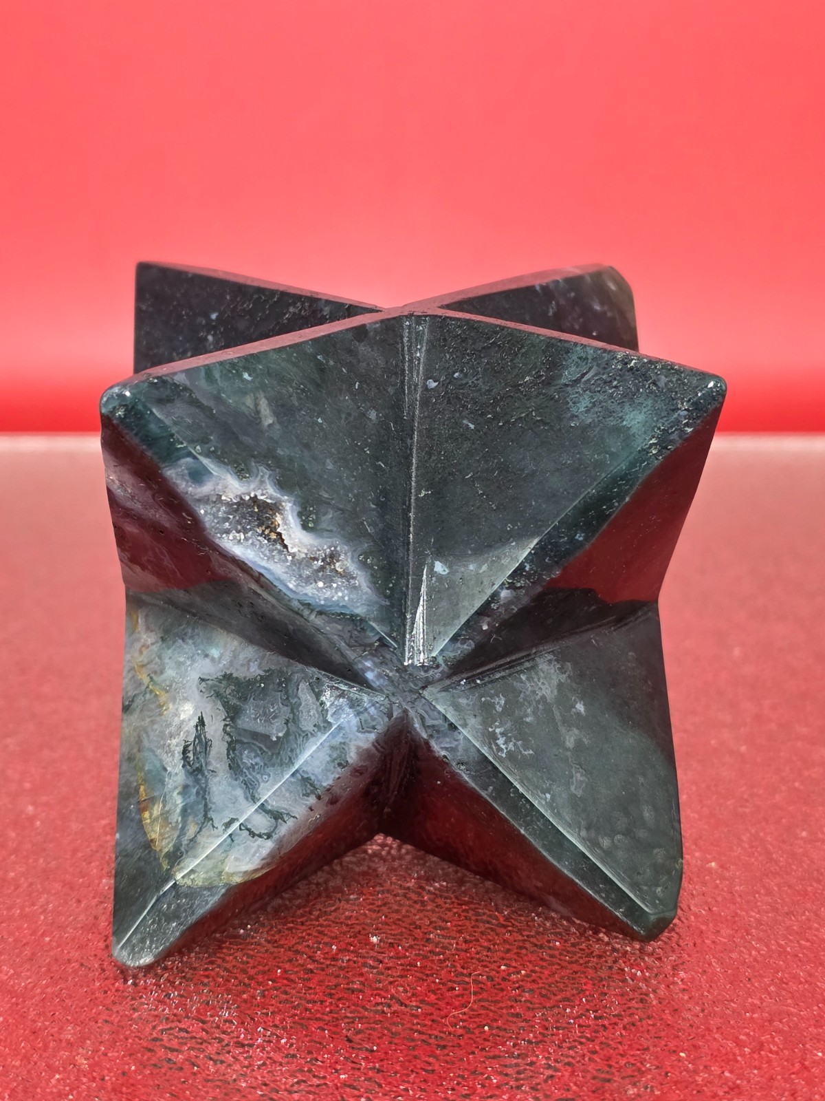 423g Moss Agate 8 Point Merkaba Star Carving Crystal Sacred Geometry Healing