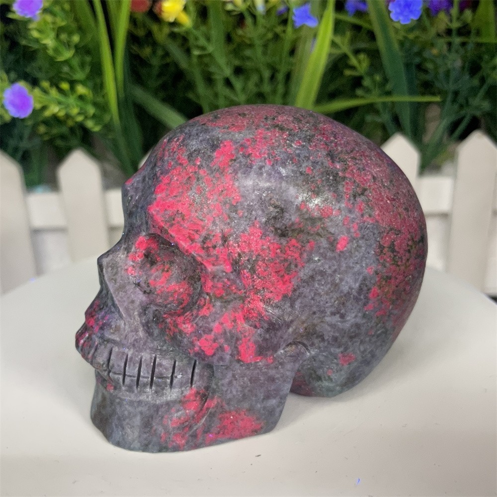 1.3LB 3.1″ Natural Ruby In Fuchsite Skull Carving Crystal UVHealing Carved Decor