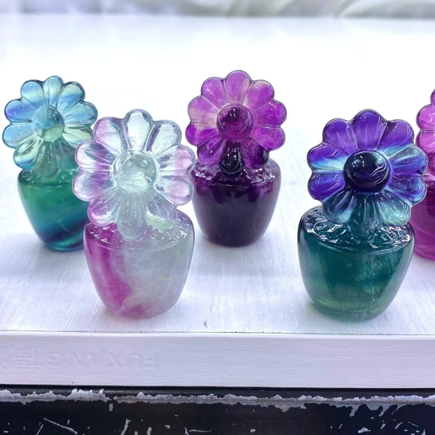 1pc Natural Color Fluorite Quartz Carved Flower Skull Crystal Reiki Decor