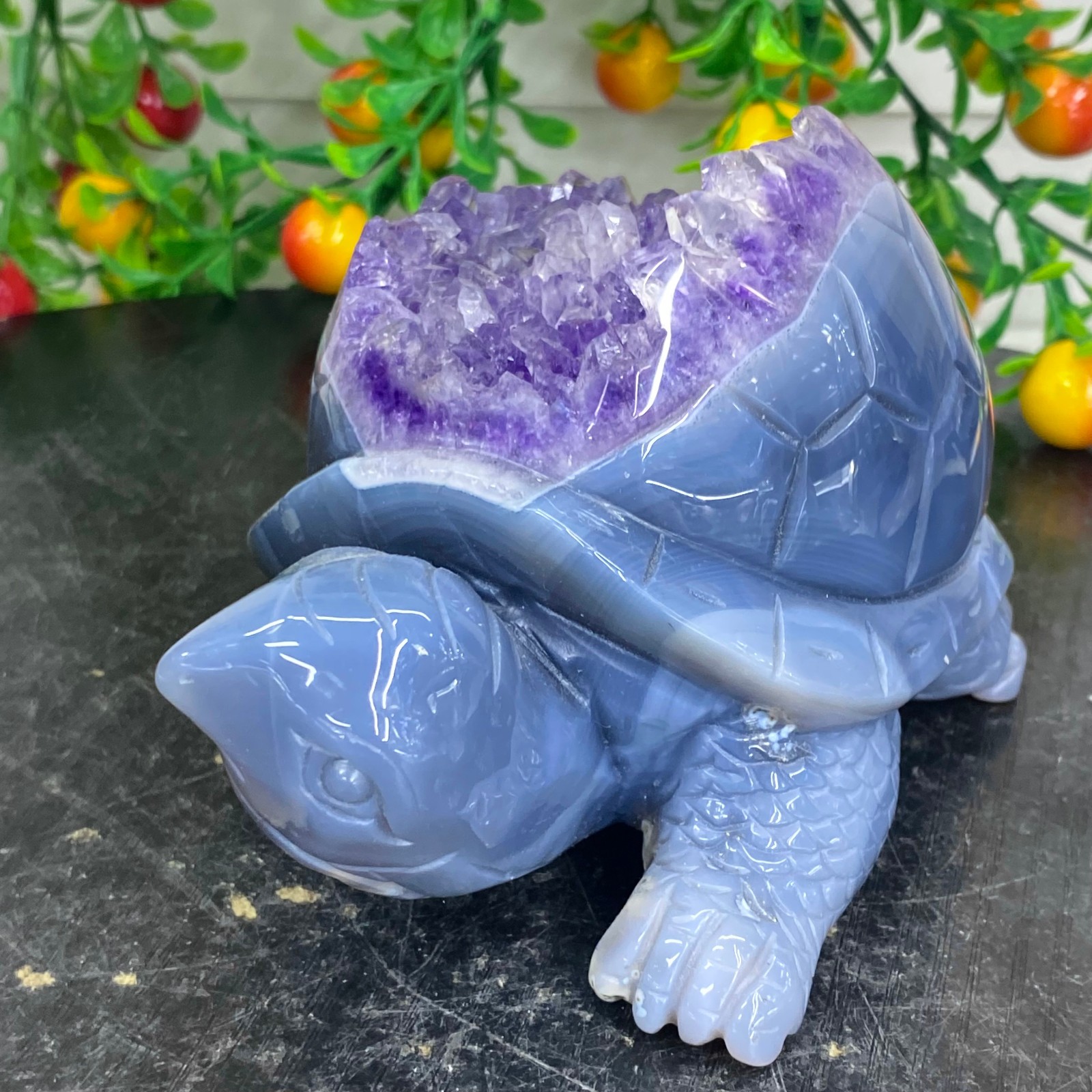 2.51LB Natural amethyst agate turtle Crystal turtle carving healing Home decora