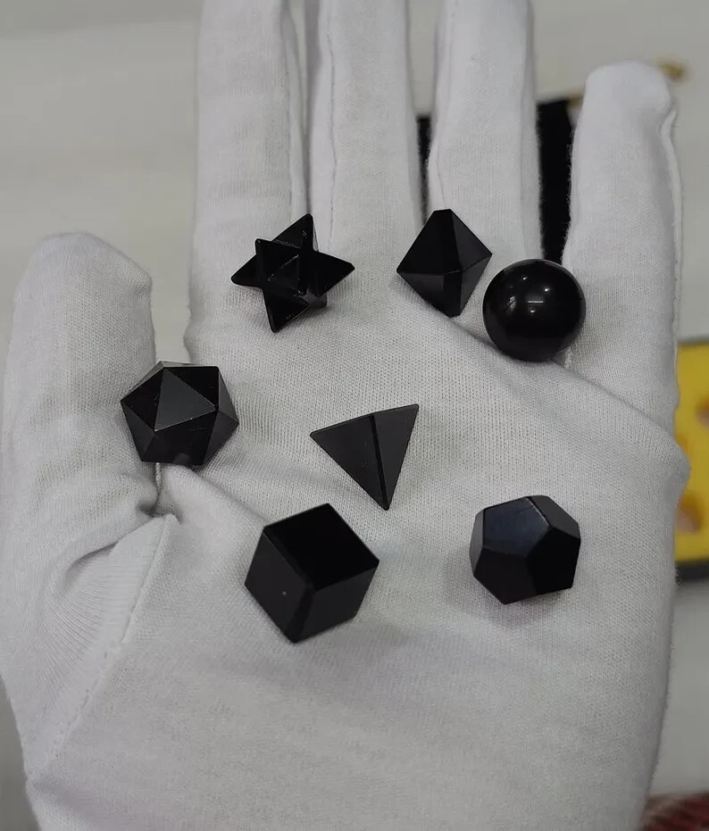AAA Black Obsidian Platonic Solids Set 7pcs Natural Crystal Sacred Geometry