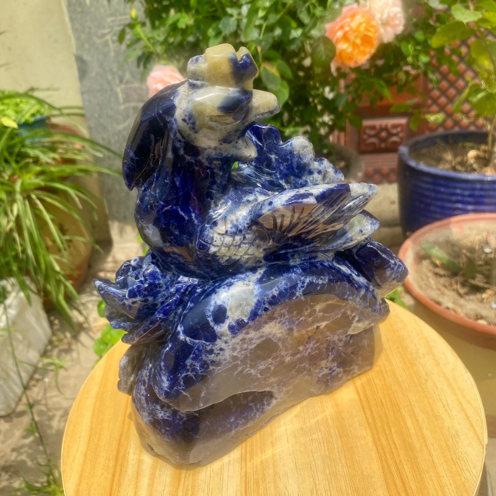 6.17LB Natural Blue Vein Stone Phoenix Carving, Home Decoration