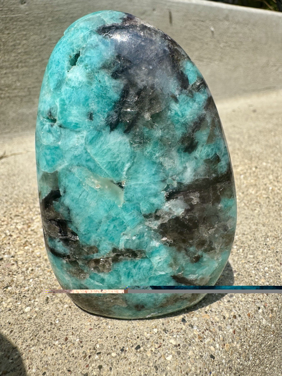 Vibrant Polished amazonite With Smoky Quartz Freeform.