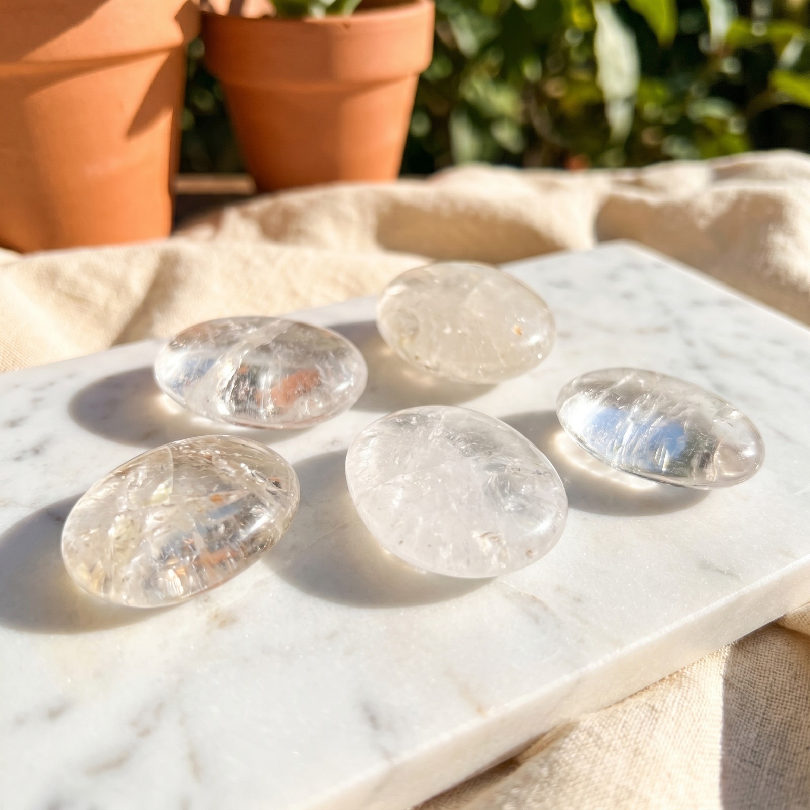 Clear Quartz Crystal Palm Stone Carving Genuine Mineral