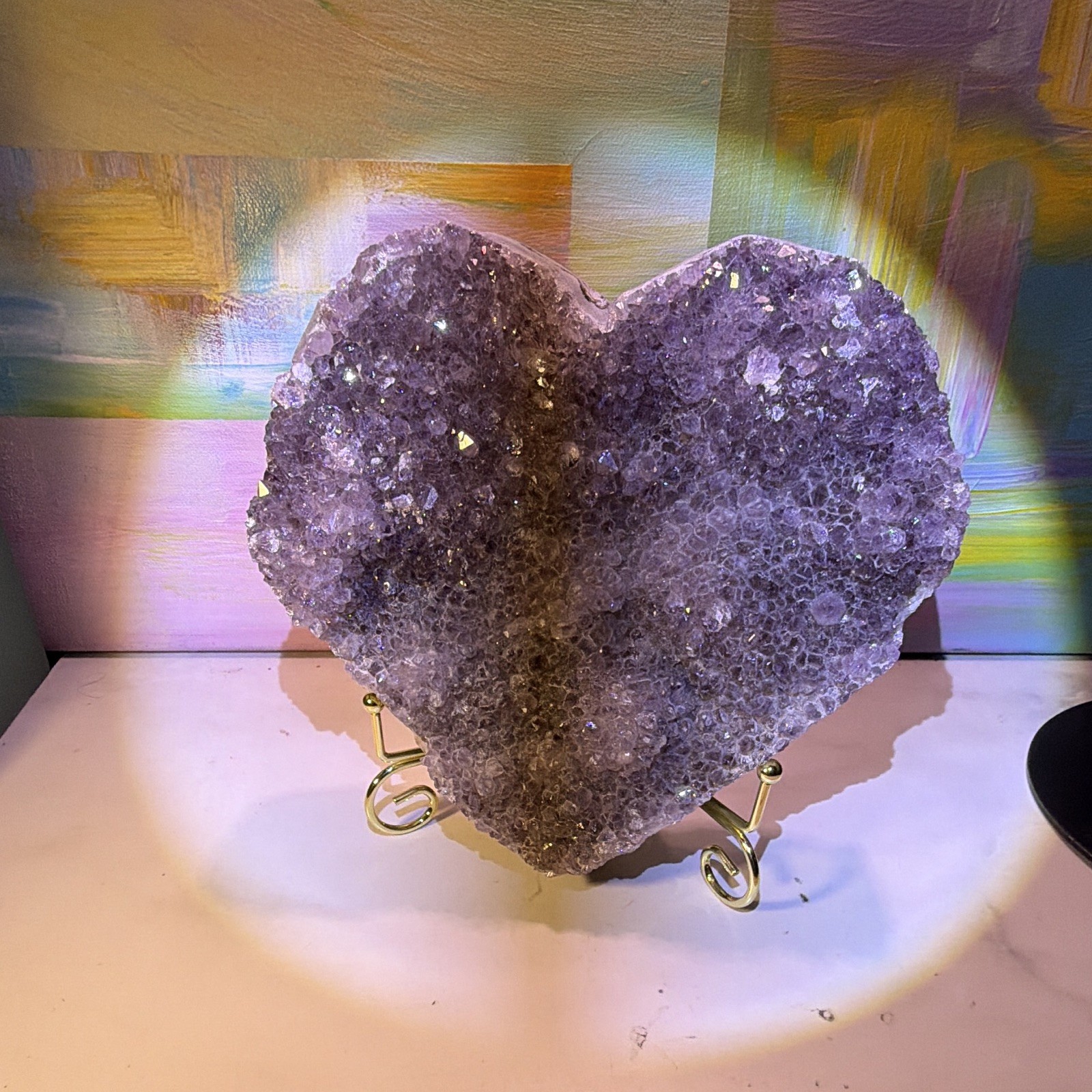 Heart-Shaped Purple Crystal Cluster Mineral Display Specimen on Metal Stand 8 in