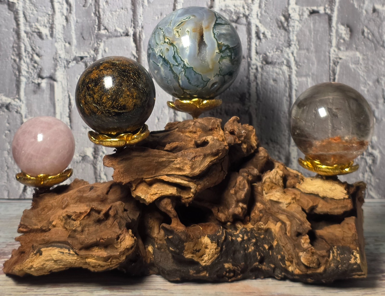 4 Crystal Sphere Display Set Moss Agate Bronzite Rose Quartz Quartz Wood Stand
