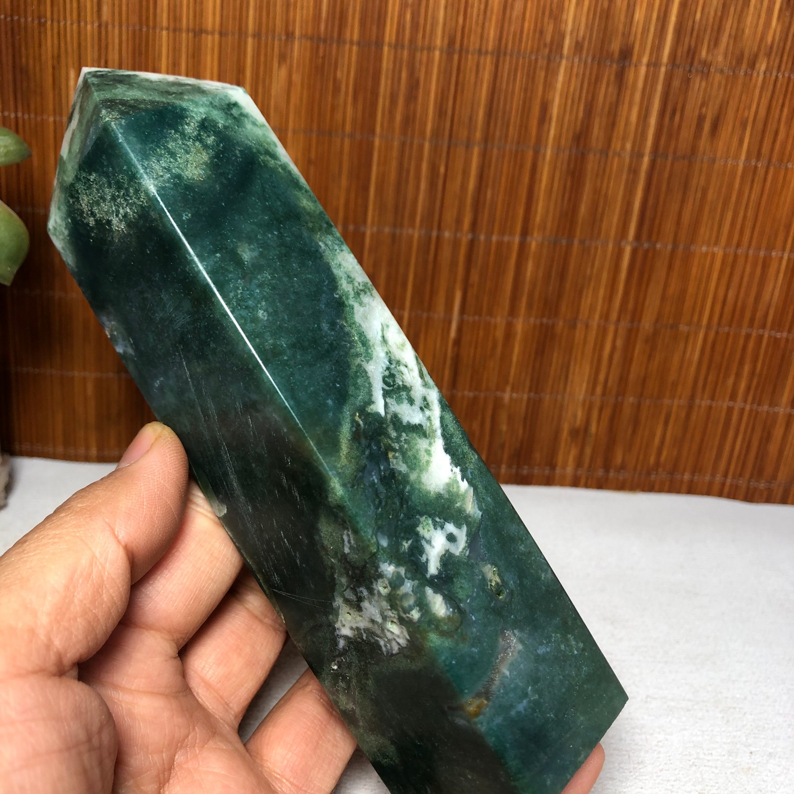 150mm Natural Polish Moss Agate Multiple veins Crystal Wand free standing A2284