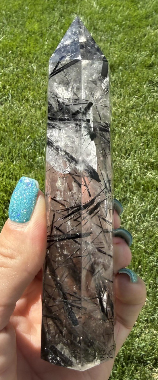Natural Black Tourmaline in Quartz Tower Polished Crystal Point Collector, 6 “