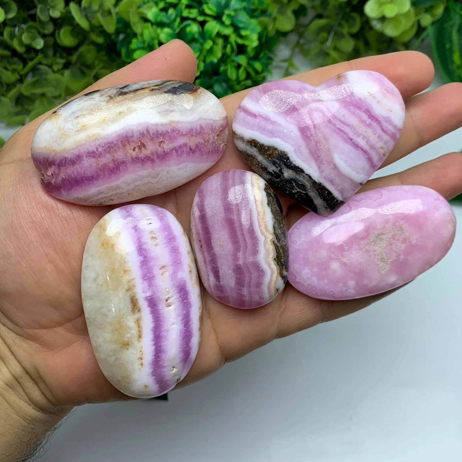 5 Pieces Top Quality Pink Aragonite Palm Stone And Heart, Pink Aragonite Stone