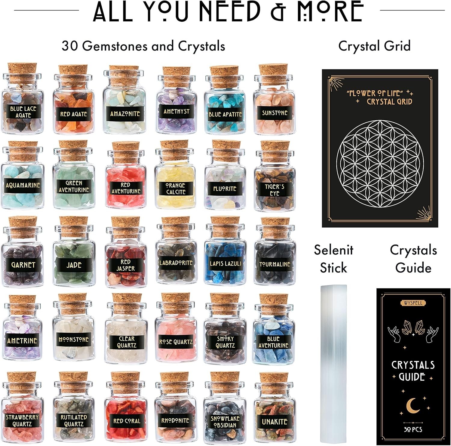 Healing Сrystals in Spell Jars 30 PCS – Real Witchcraft Crystals & Selenite S…