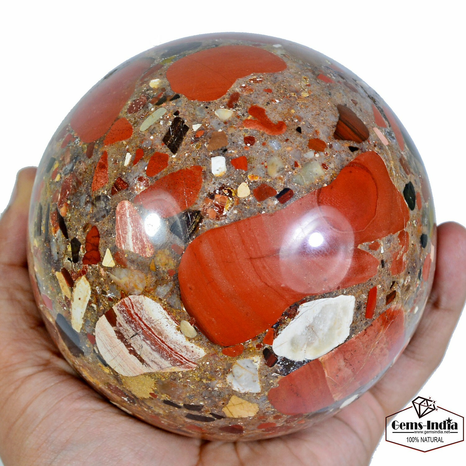 Natural 4.2in Red Conglomerate Stone Healing Meditation Puddingstone Sphere Ball