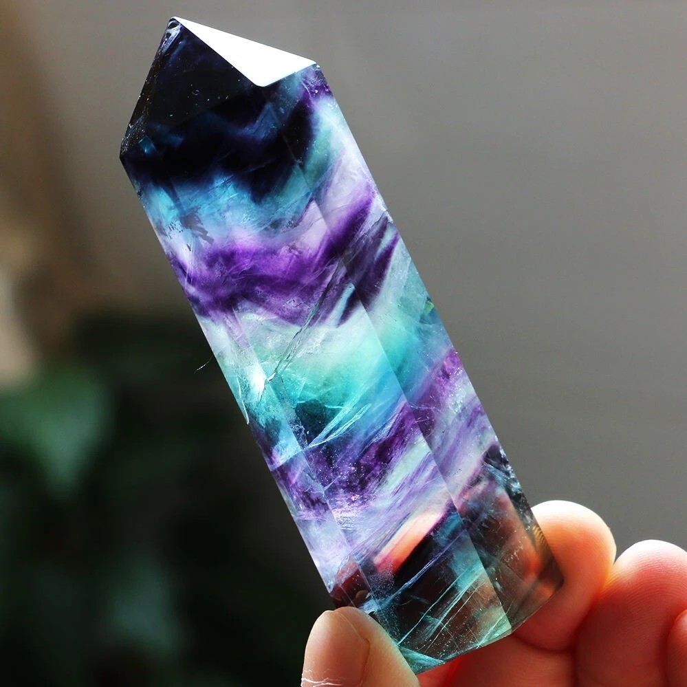 Natural Rainbow Fluorite Healing Witch Crystal Wands Reiki Tower Home Ornament