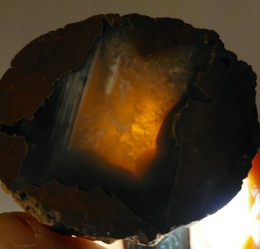 ENHYDRO AGATE GEODE. 3″ X 2 1/2″. LIGHT SHINES THRU LEAVES A YELLOWISH HUE