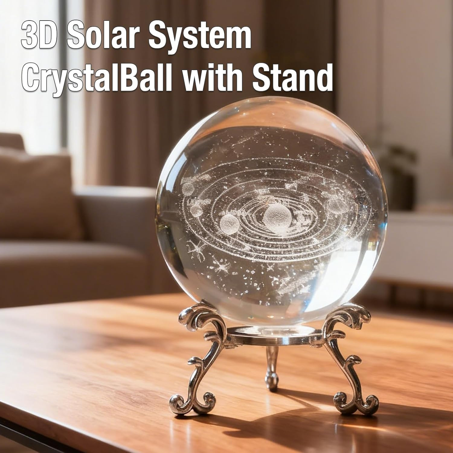 3D Solar System Crystal Ball with Stand 60Mm Laser Engraved Glass Sphere Planet