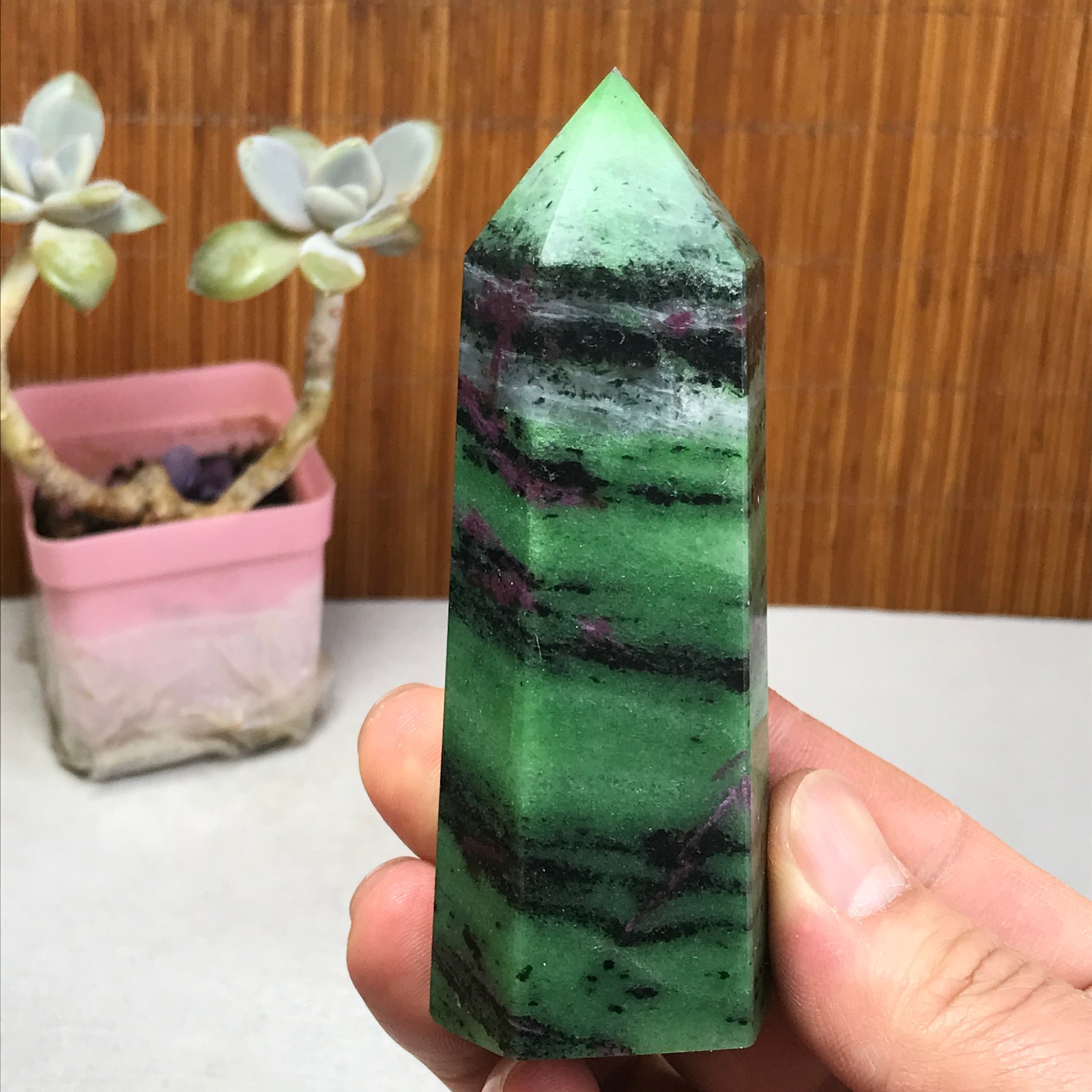 101-35-28mm Natural epidote wand Obelisk Crystal Quartz specimens 210g A3467