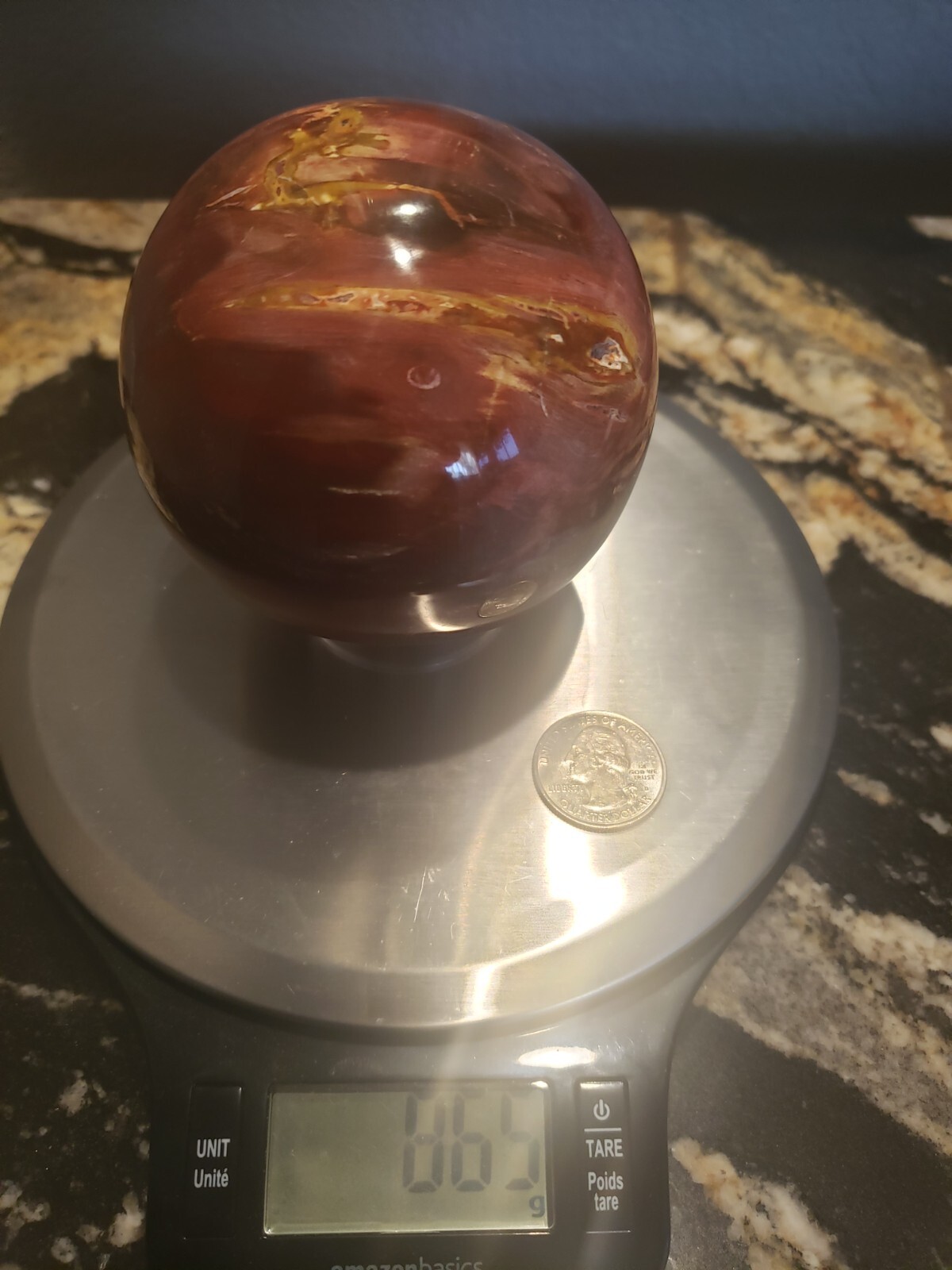 3.36″ Red Petrified Wood Sphere Orb Quartz Crystal Ball Fossil Mineral UV, 865g