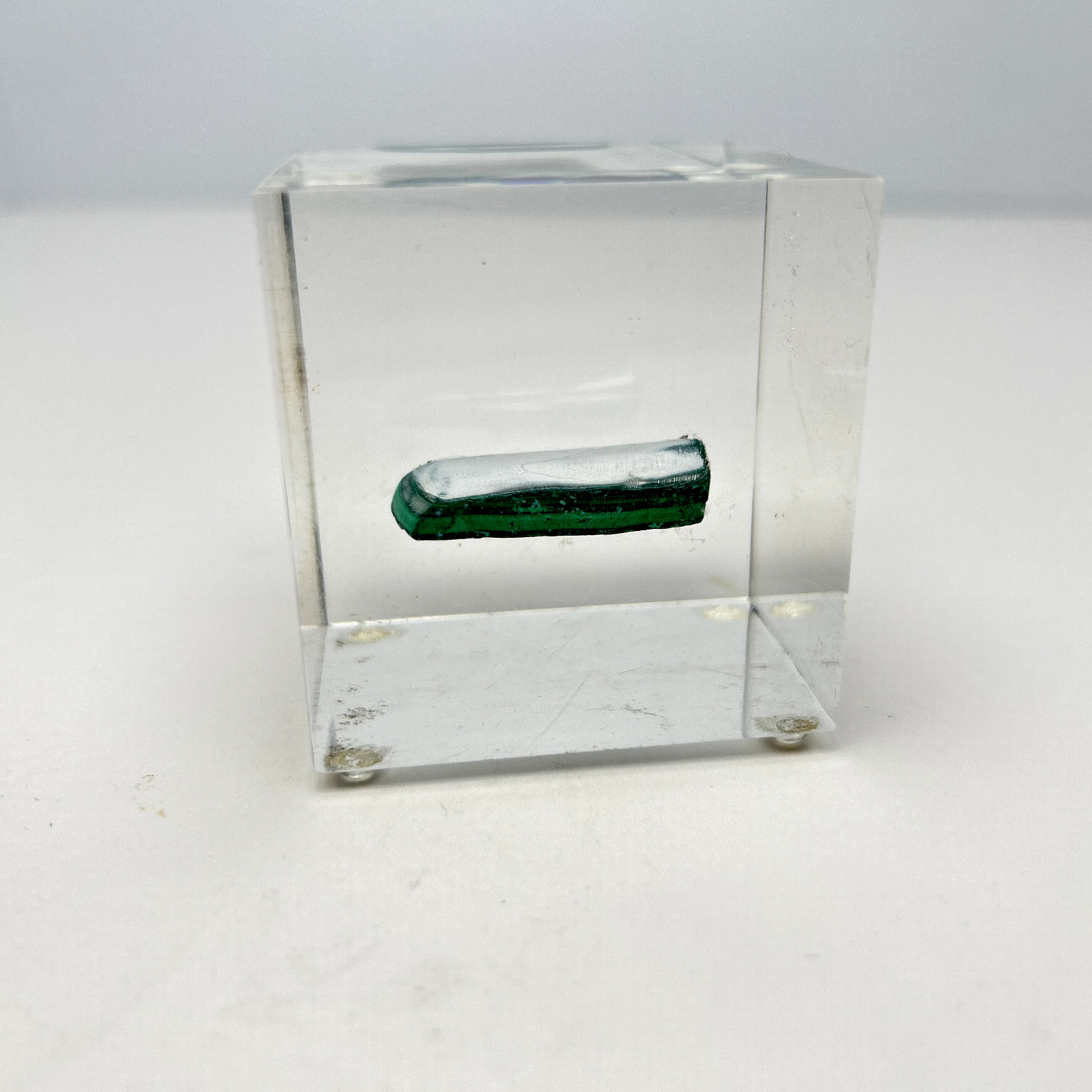 Polished Malachite Acrylic Lucite Paperweight Cube 2″