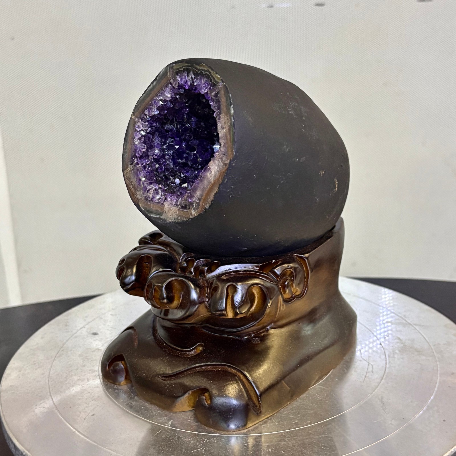 5.6LB Natural uruguay amethyst geode quartz money bag crystal +stand