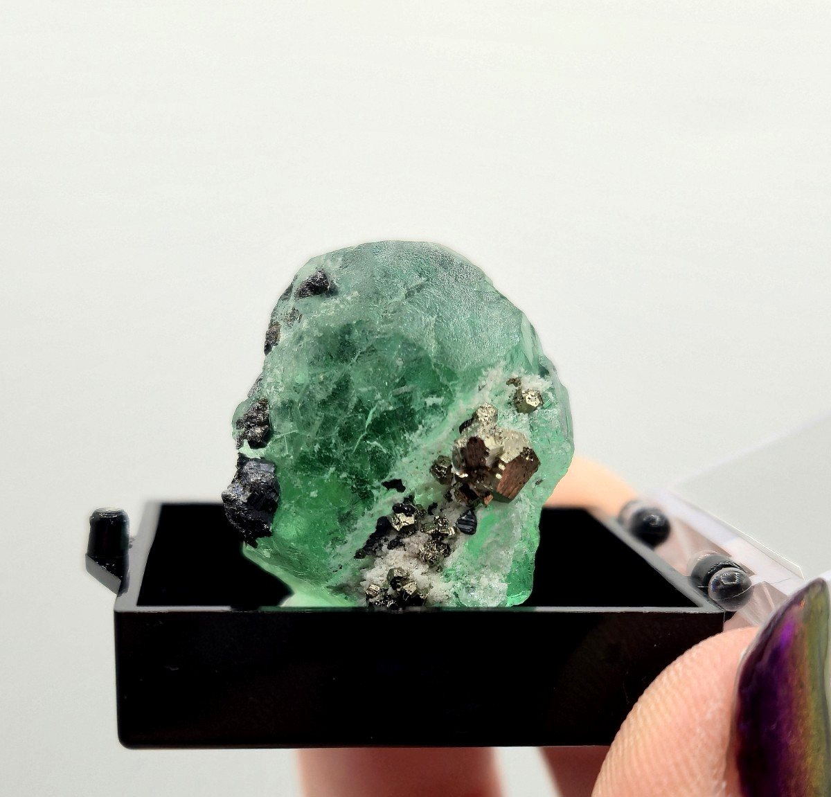 Juiced! Green Fluorite, Pyrite, Galena Thumbnail Specimen – Peru (laseal)