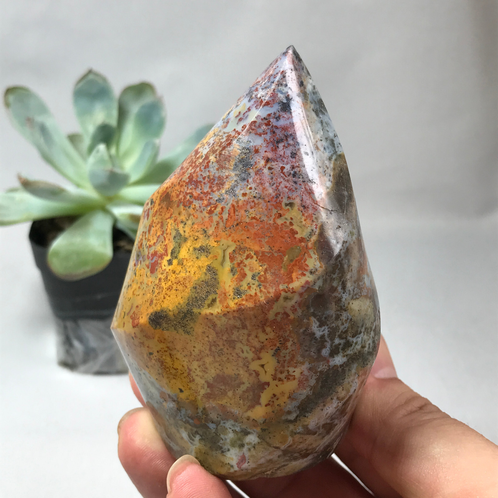 Natural Ocean Jasper torch Hand carve polish Crystal free standing 386g g6622