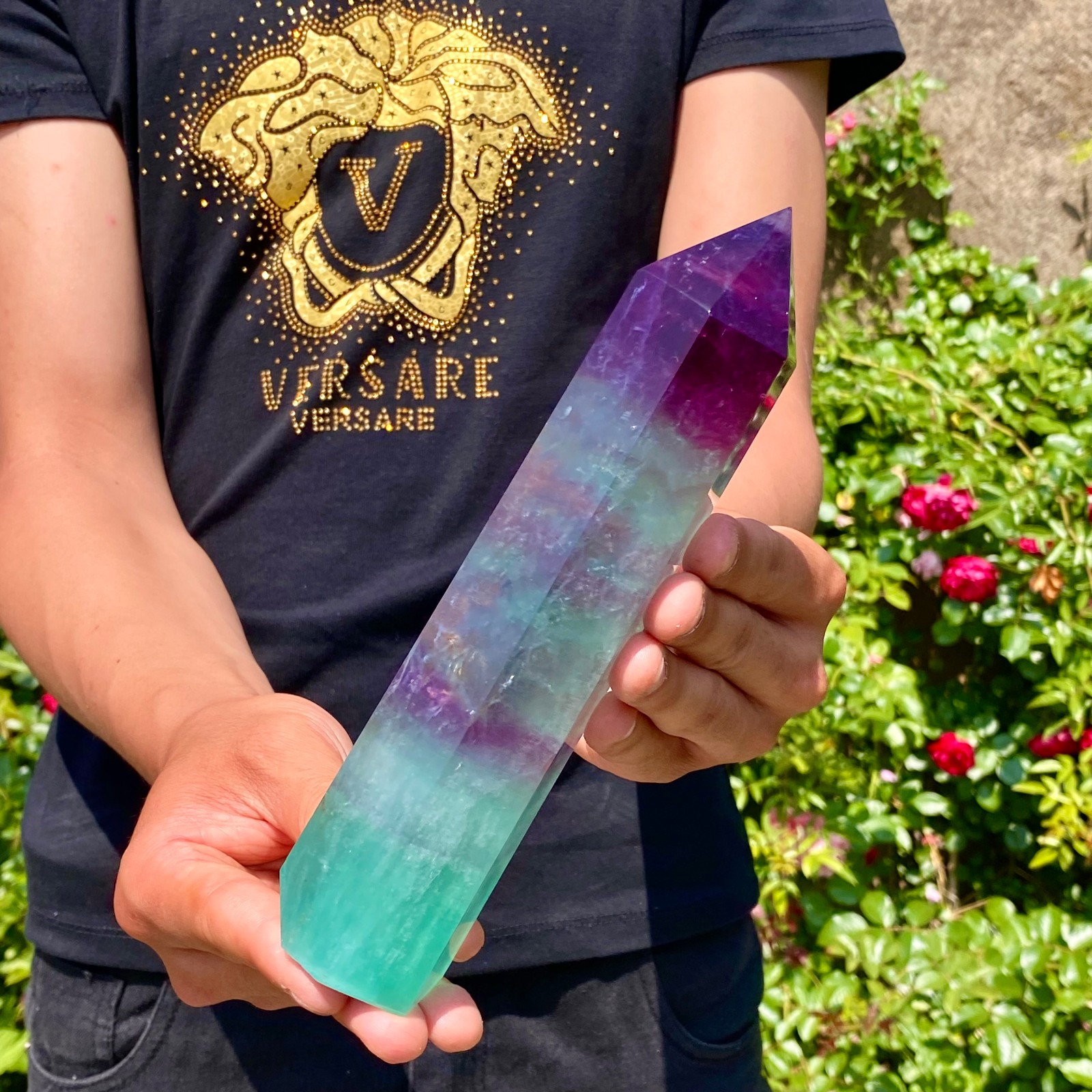 1.8LB Natural rainbow fluorite obelisk quartz crystal wand point Gem Healing
