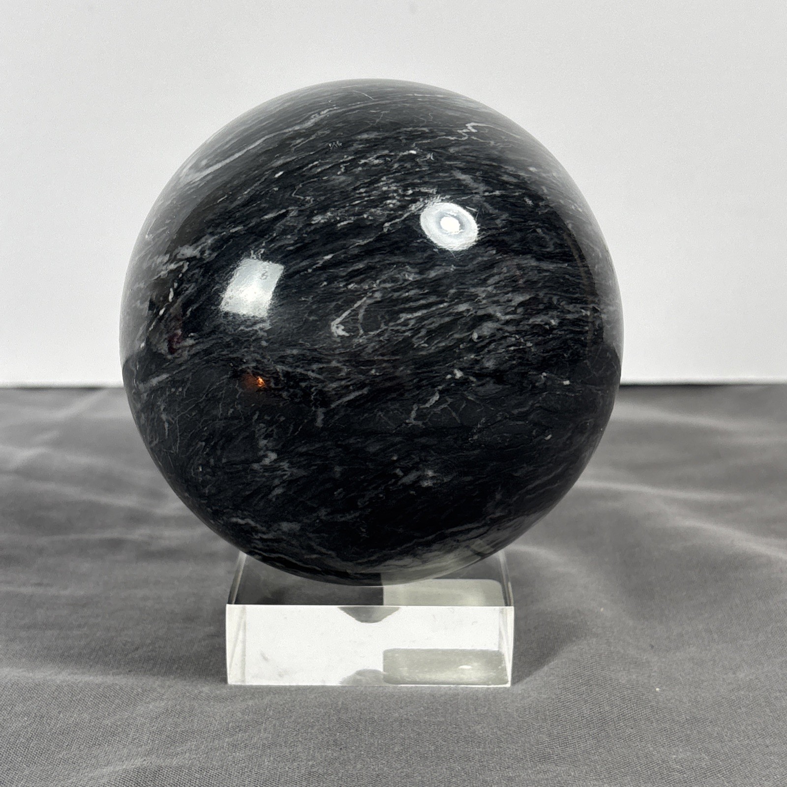Polished Black Moonstone Large Sphere on Clear Acrylic Stand