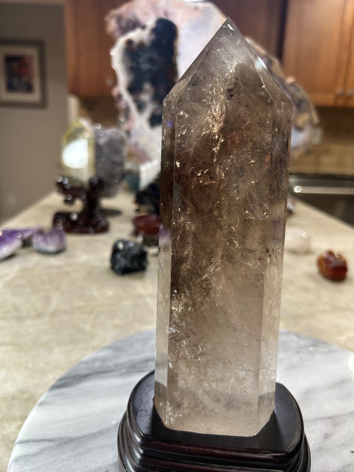 Smoky quartz tower with custom wood stand