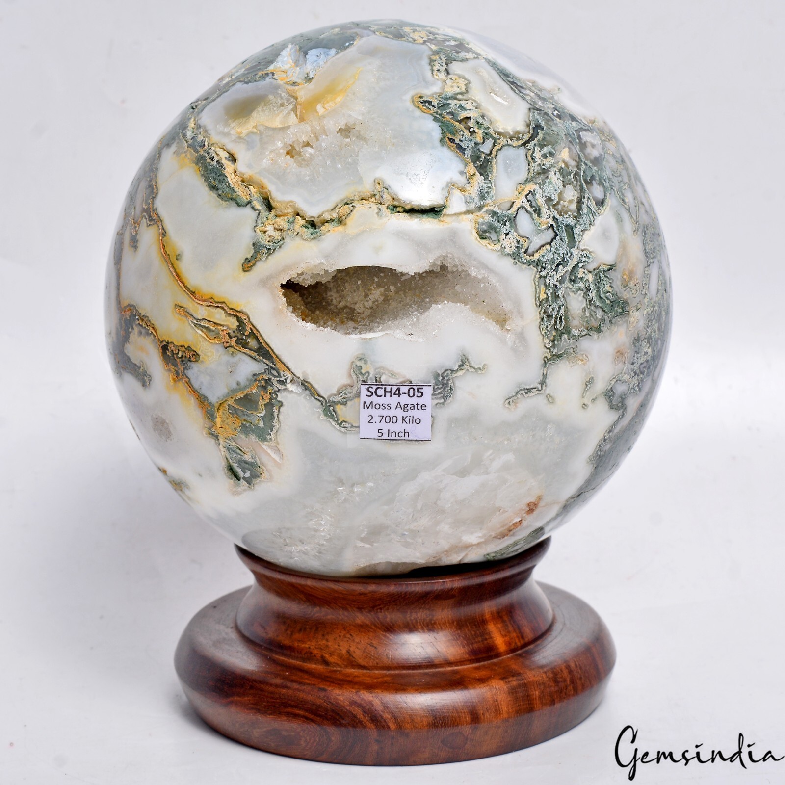 2.7 Kg Natural Moss Agate Crystal Druzy Sphere With Wood Stand 5″ Round Ball