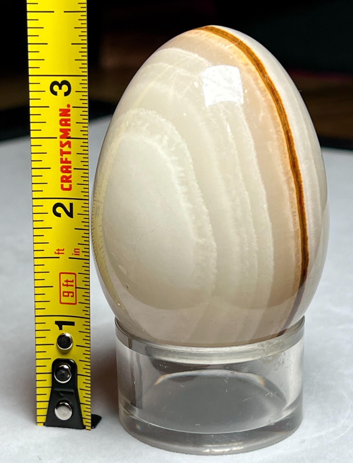 Vintage Natural Gemstone Onyx Agate Carved Polished Stone Egg Plastic Base Stand