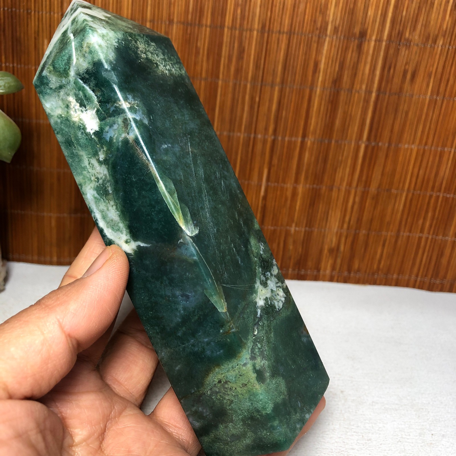 150mm Natural Polish Moss Agate Multiple veins Crystal Wand free standing A2284