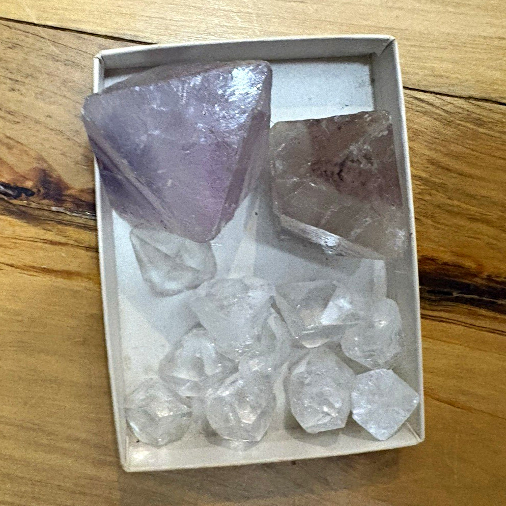 Mixed Crystal Stones Lot in Box, Purple Pyramid & Clear Pieces