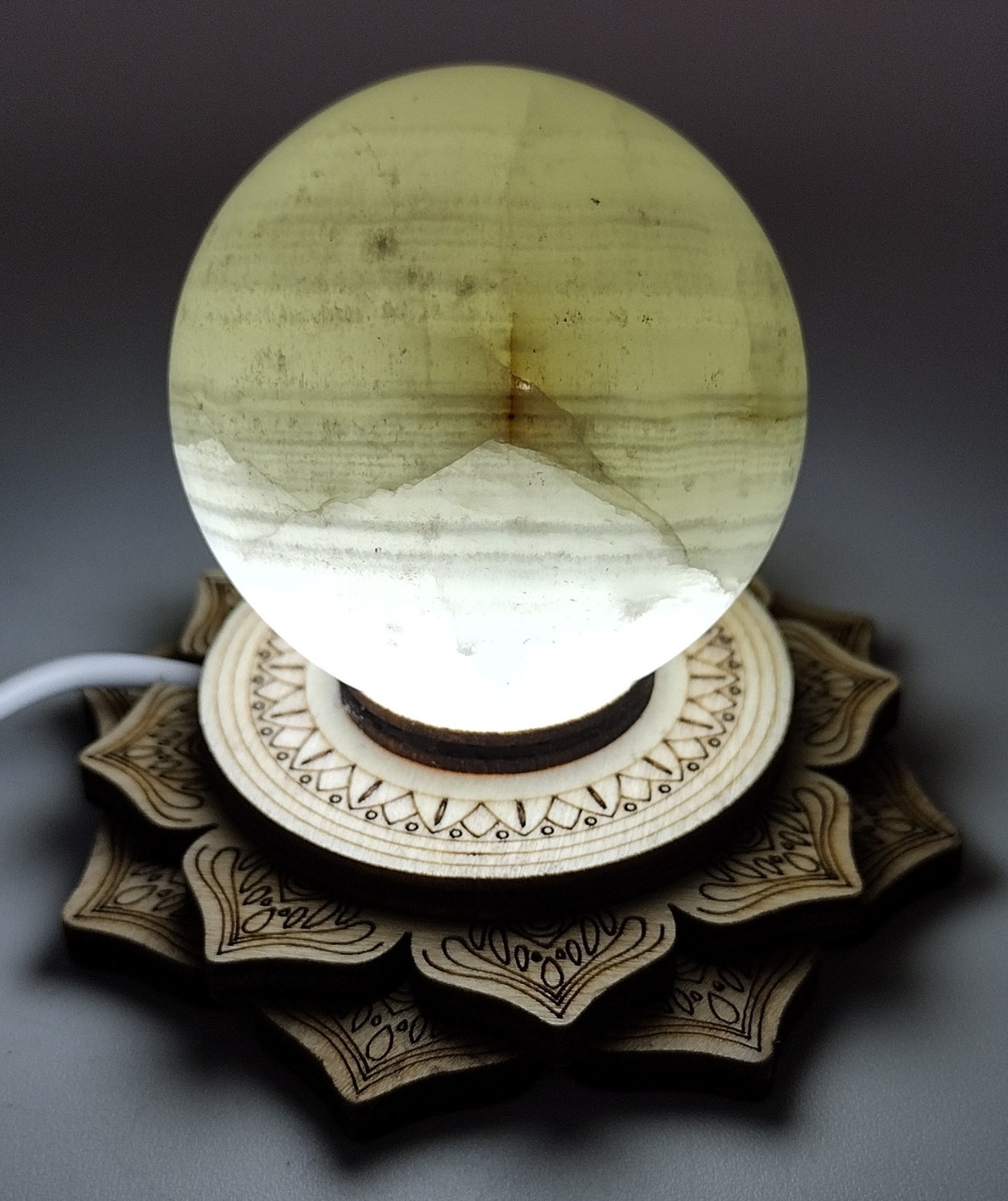 Natural Green Banded Onyx Sphere 47mm w/ USB Lighted Lotus Stand – Crystal Décor
