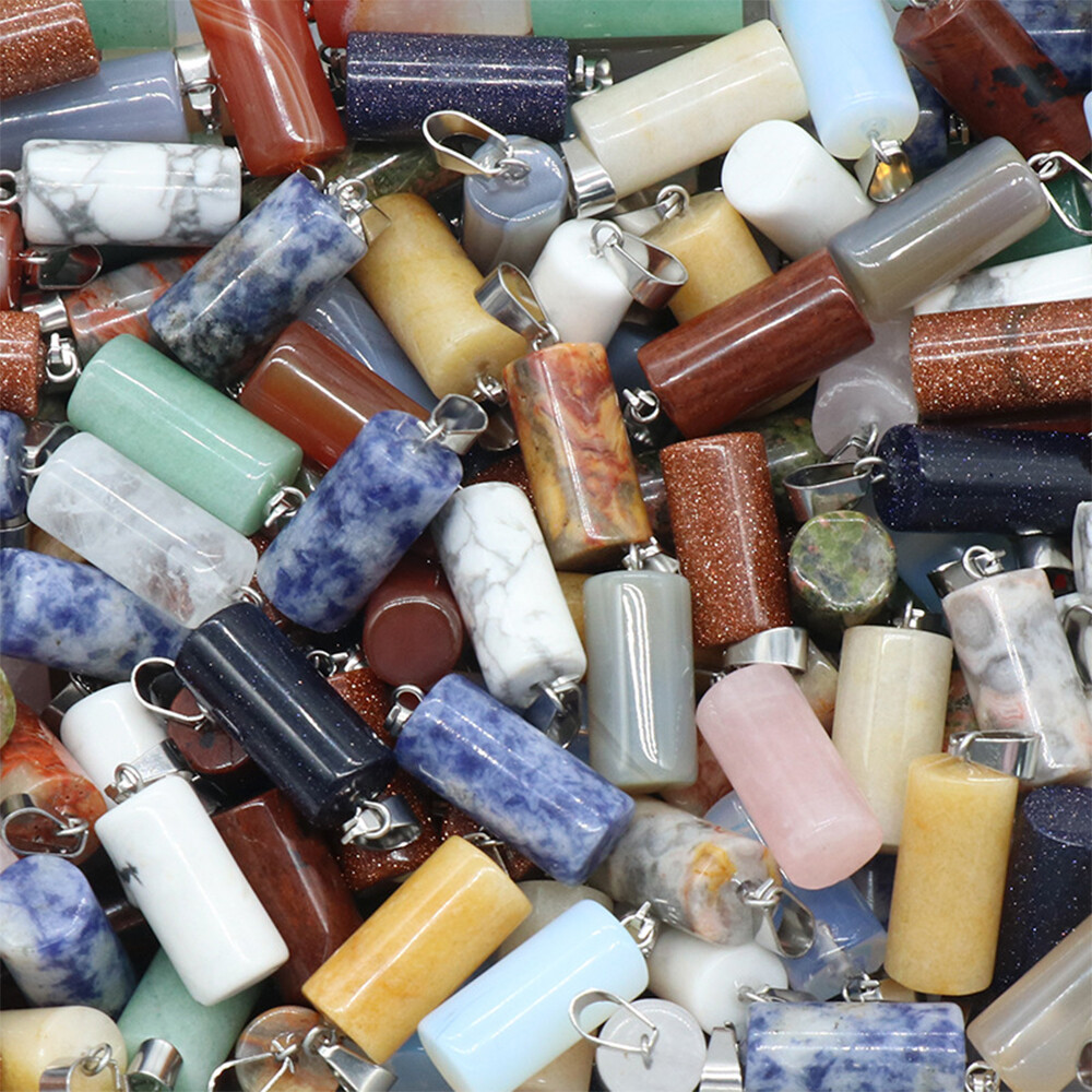 10x20mm Mini Natural Crystal Cylinder Pendants Stone Charms Chakra Bead Necklace