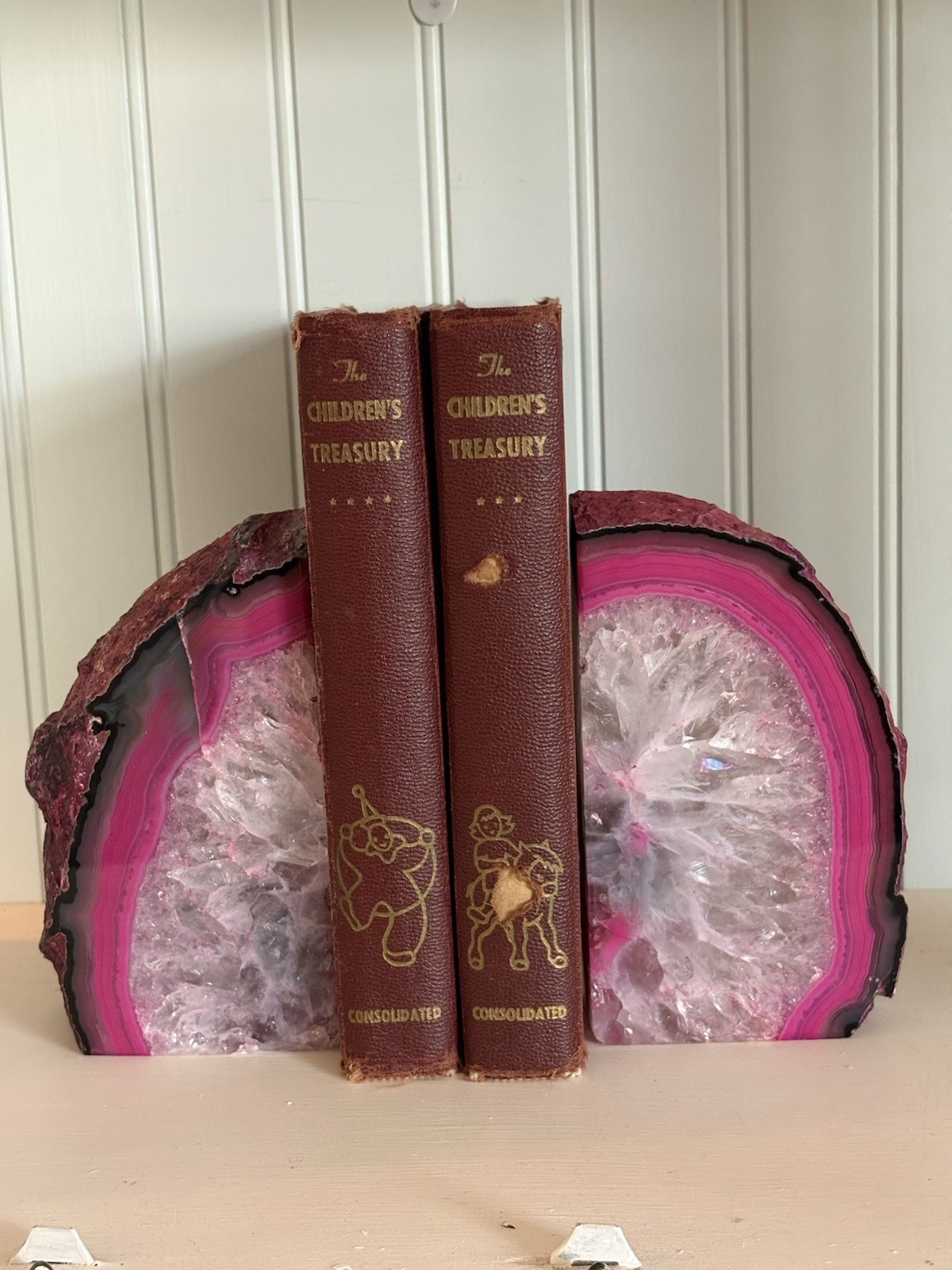 Set Of Cut & Polished Pink Dyed & Natural Gray Geode Book Ends 1 Side Unfinish