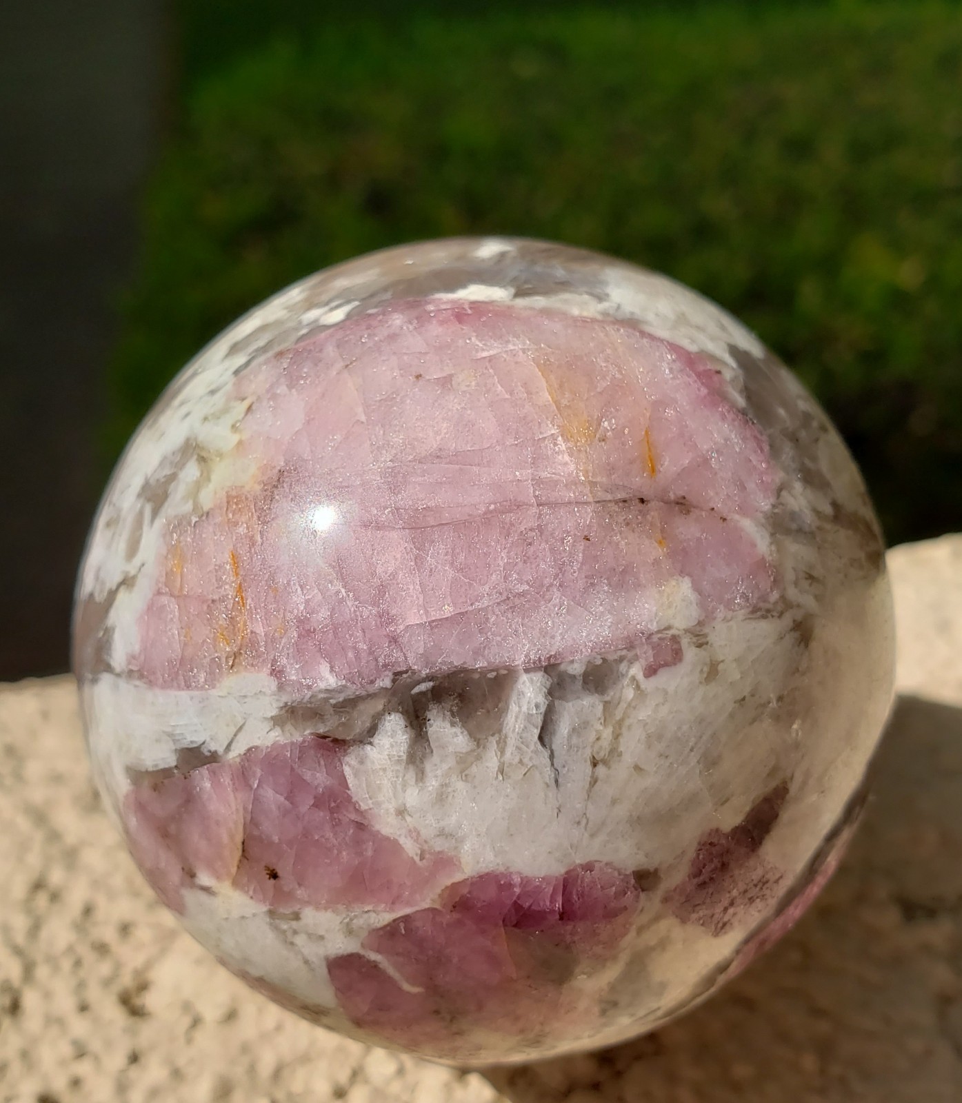 2.49″ Pink Tourmaline Smoky Quartz White Albite UV Crystal Sphere Orb Ball, 356g