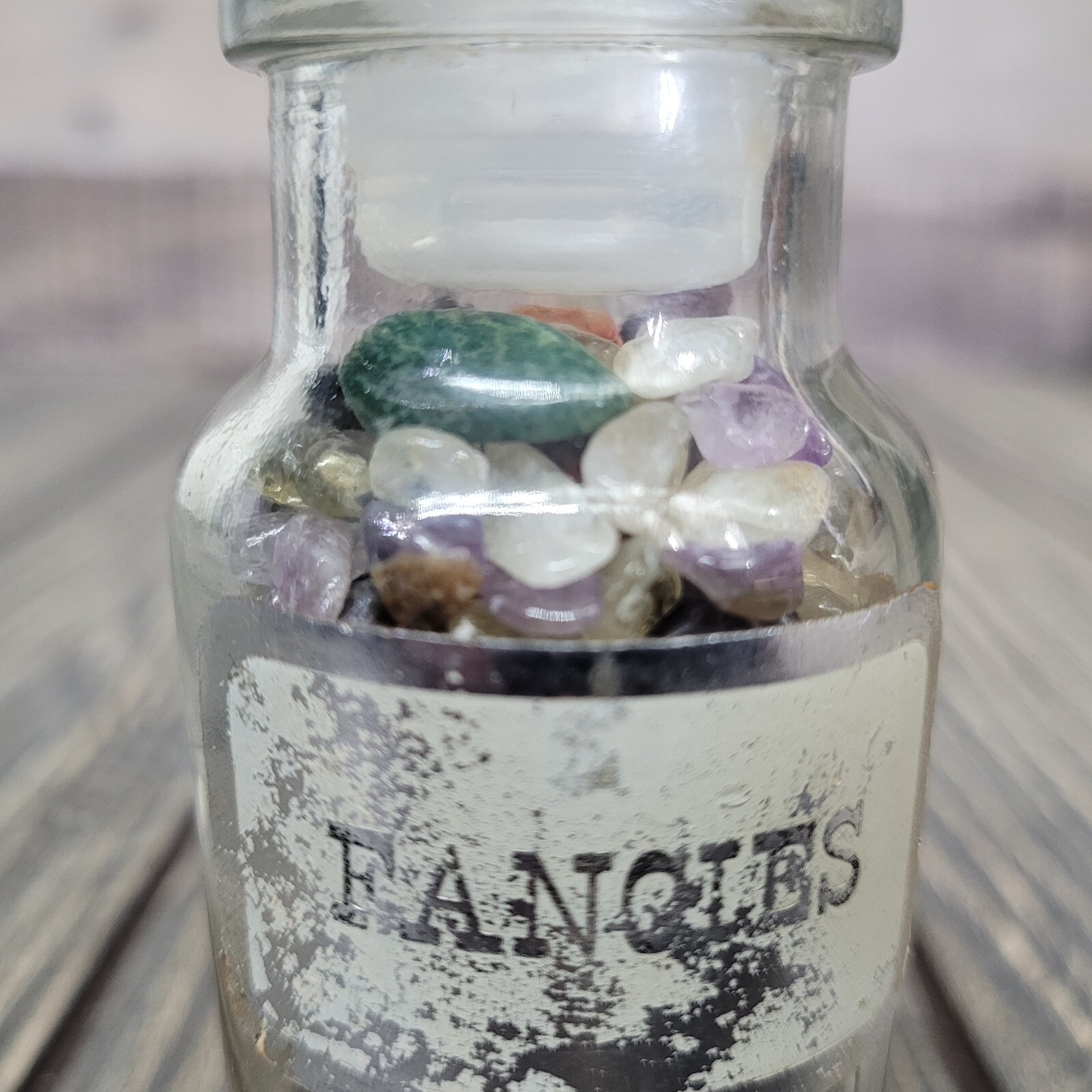 4oz Crystal Tumbles in Apothecary Vintage Glass Jar “Fancies” Label Wagner Spice