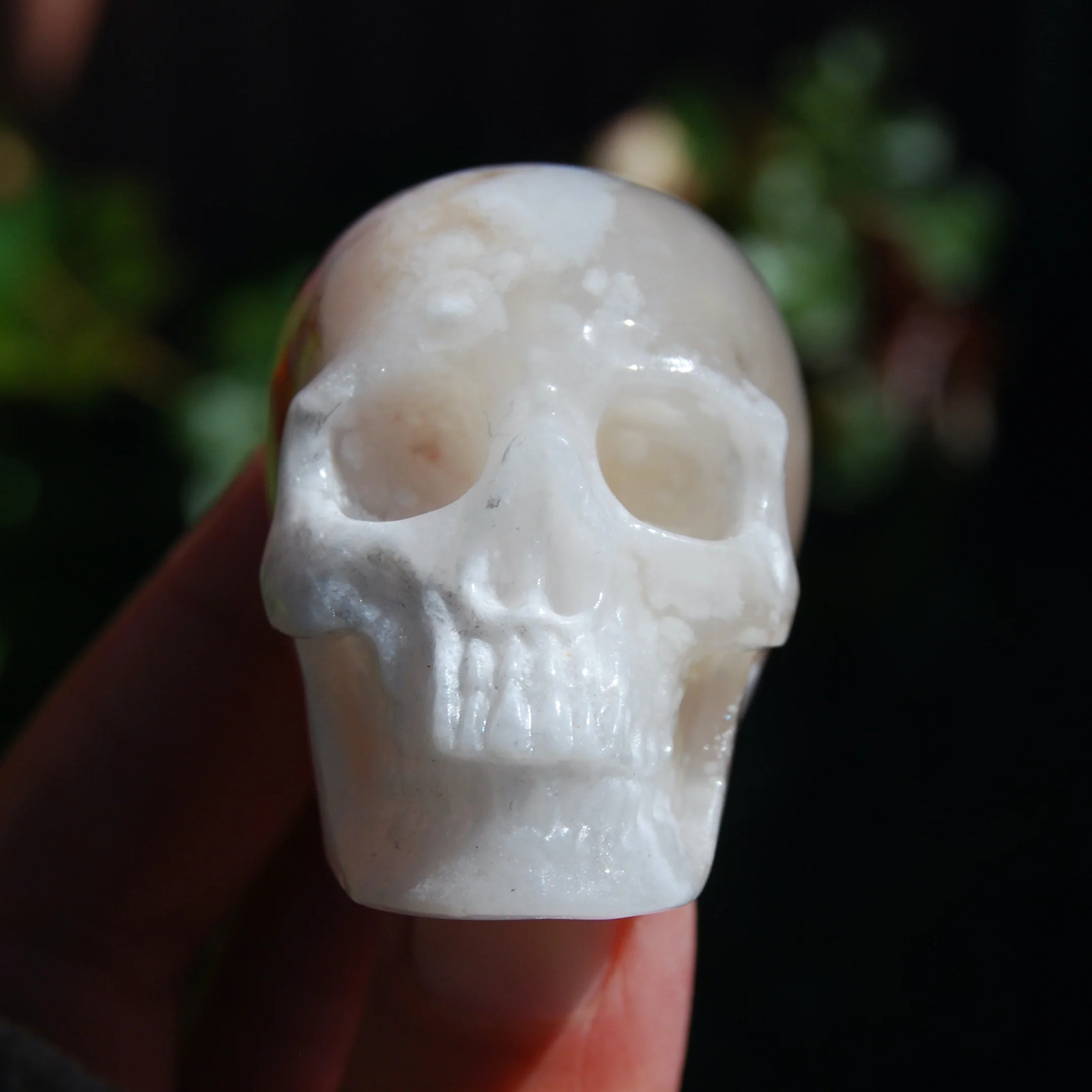 2in Sakura Flower Agate Carved Crystal Skull, Realistic Peach White Sakura Agate