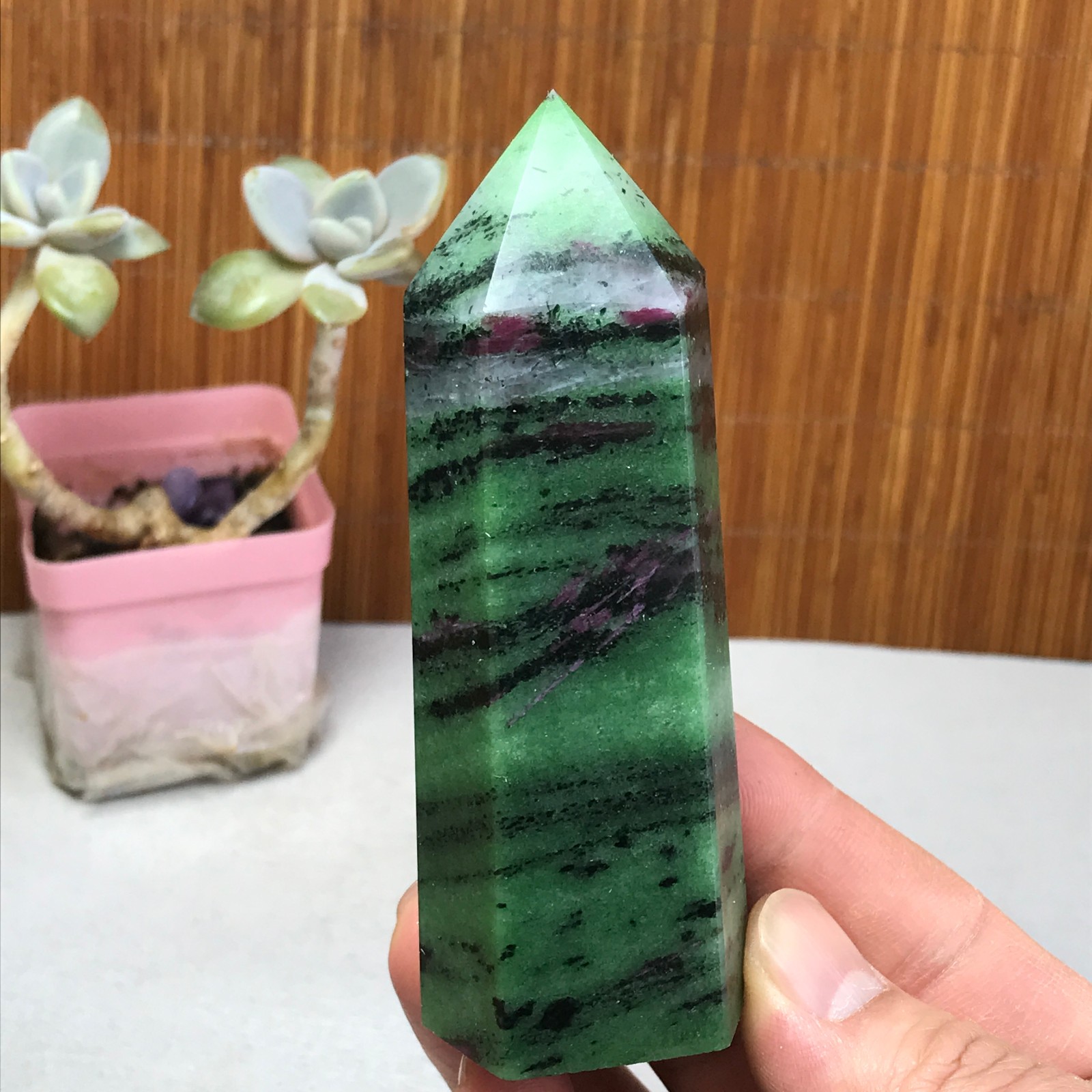101-35-28mm Natural epidote wand Obelisk Crystal Quartz specimens 210g A3467
