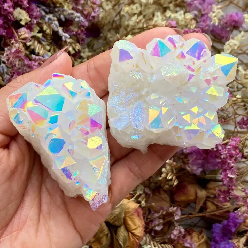 Natural Raw Rainbow Cluster Angel Aura Titanium Geode Quartz Crystal Specimens