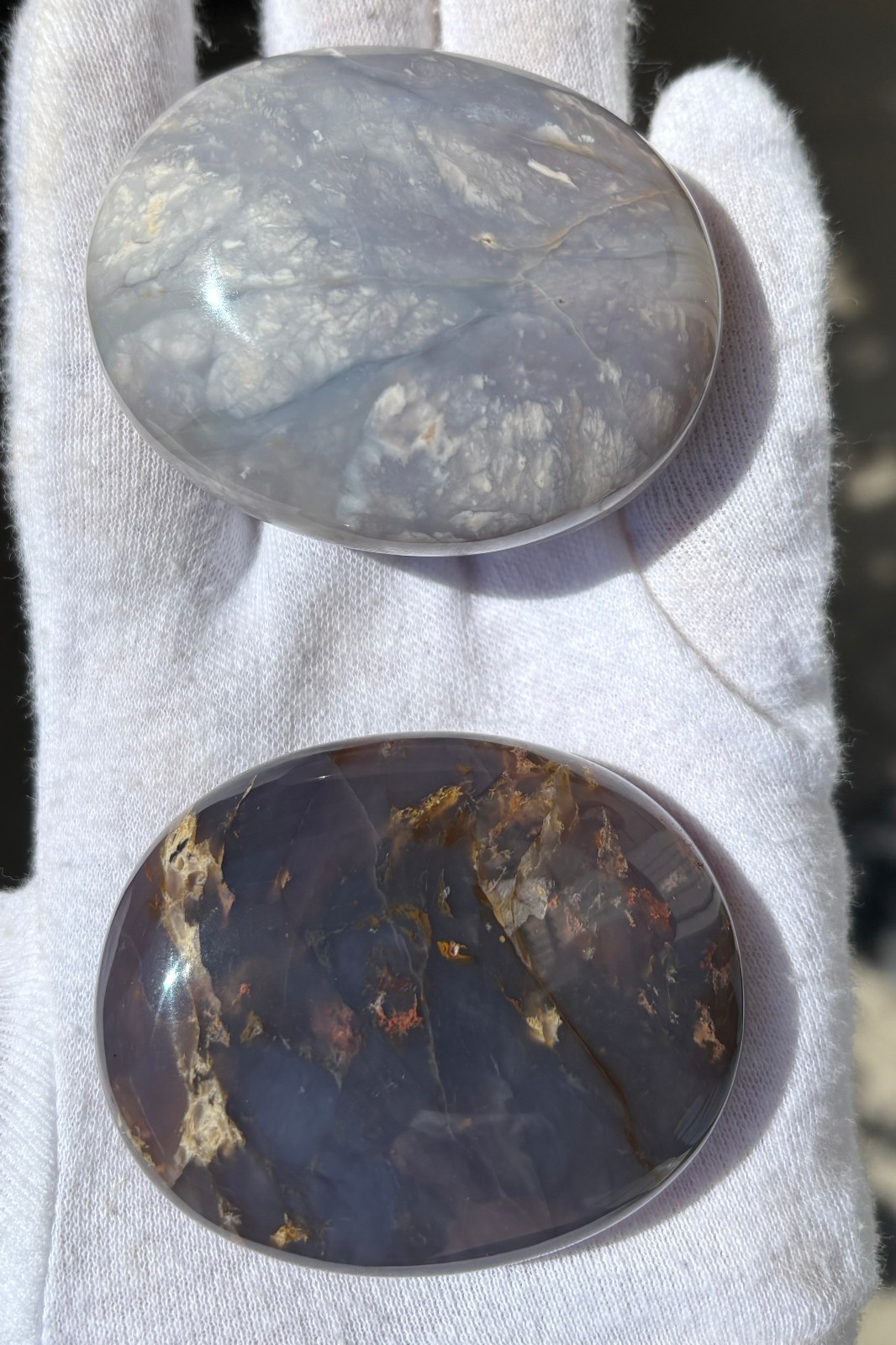 USA SALE LOT 2 “PURPLE” CHALCEDONY PALMSTONES PALM STONE STONES DARK BLUE GRAY