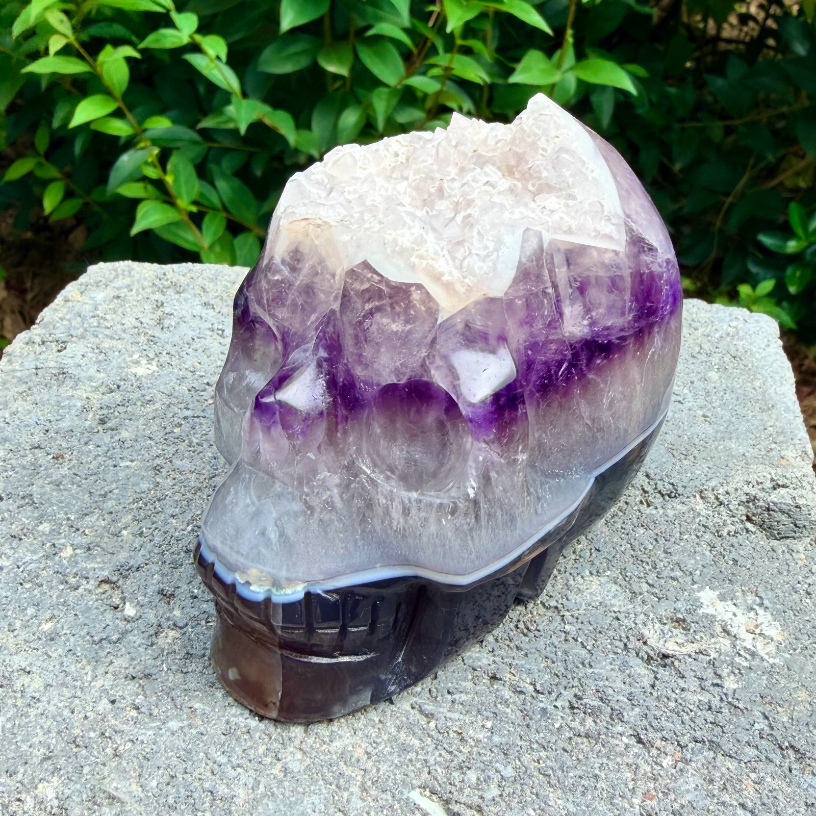 1.43lb Amethyst agate crystal cave skull, Rare hand carved skull specimen