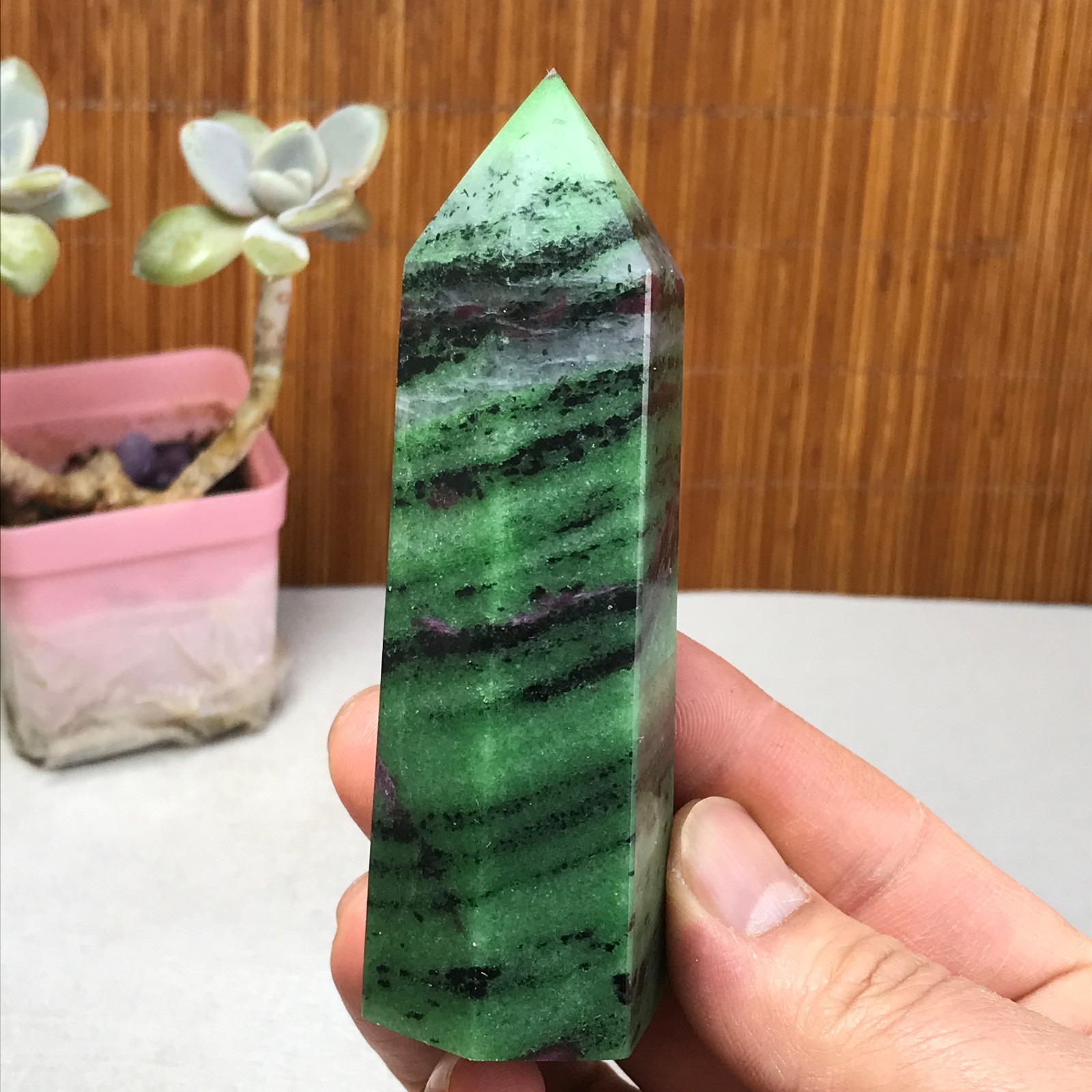 101-35-28mm Natural epidote wand Obelisk Crystal Quartz specimens 210g A3467