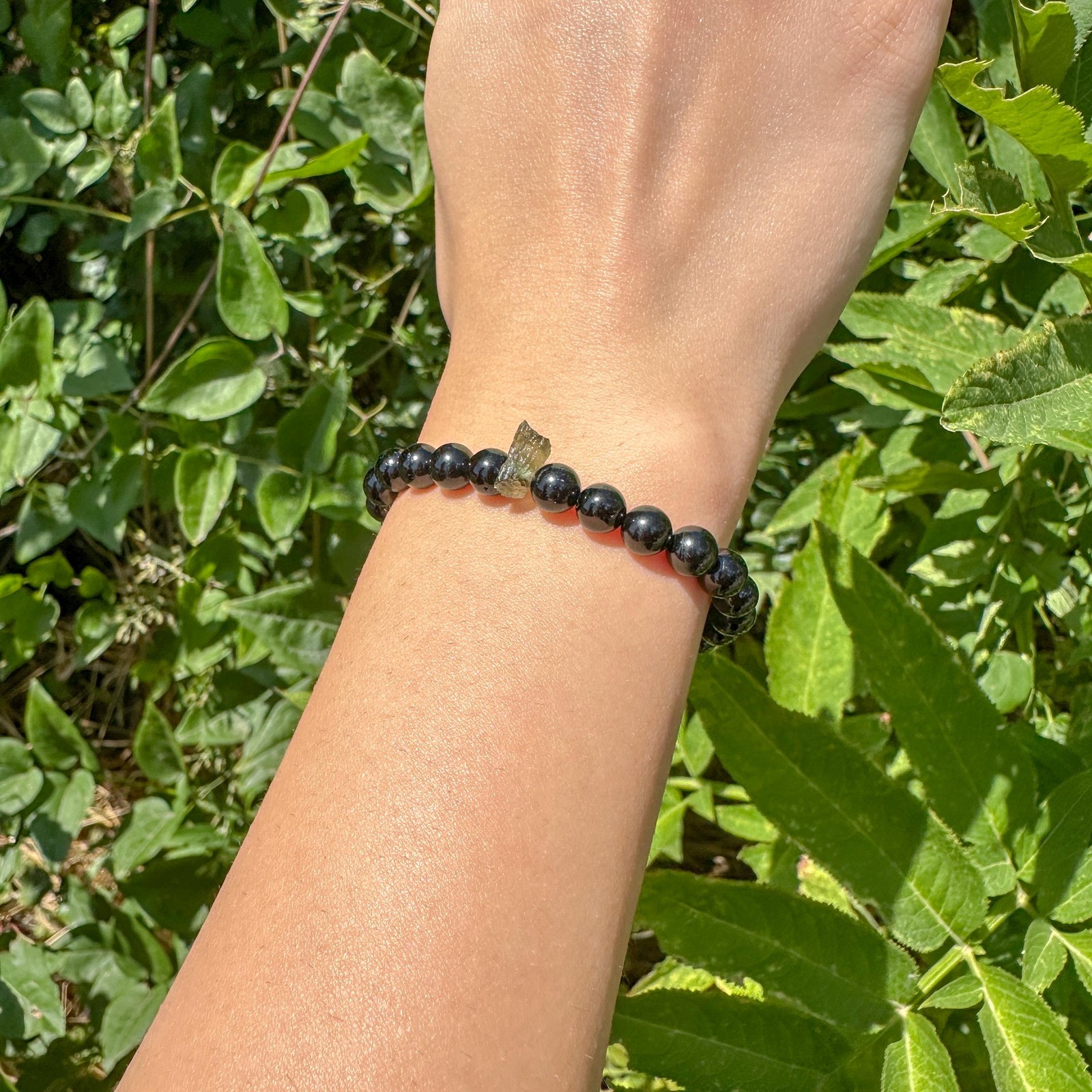 Black Tourmaline + Moldavite Bracelet / Raw Natural Green Czech Republic Tektite