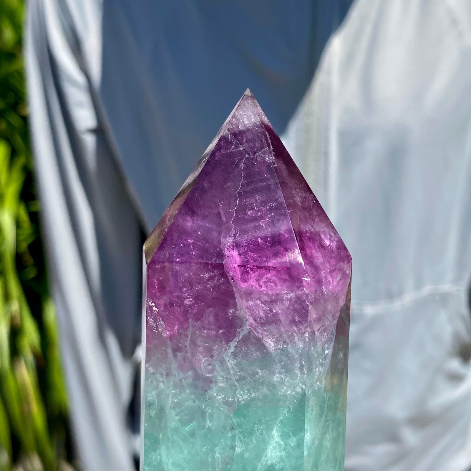 2.16LB Natural Rainbow Fluorite Obelisk Quartz Crystal Wand Tower Point Healing