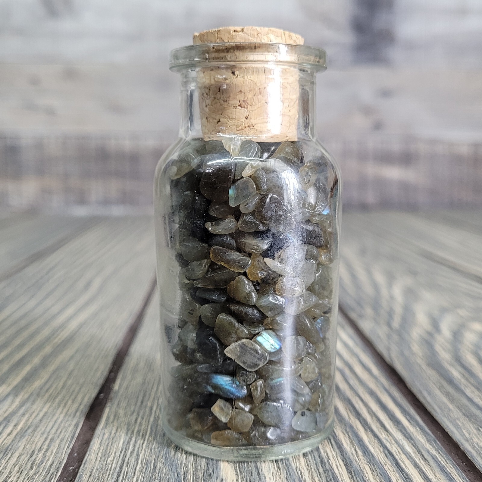 Labradorite 1/4lb Tumbled Crystal Chips in Vintage Apothecary Glass Jar Wagner