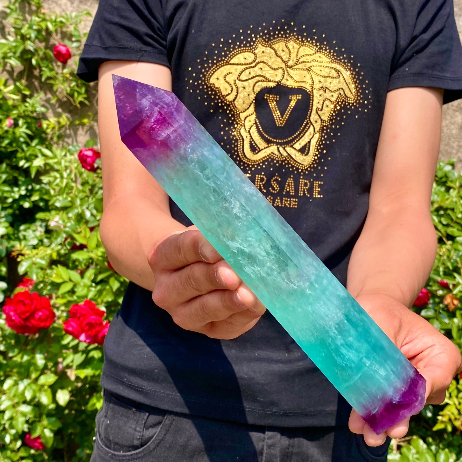 2.2LB Natural rainbow fluorite obelisk quartz crystal wand point Gem Healing