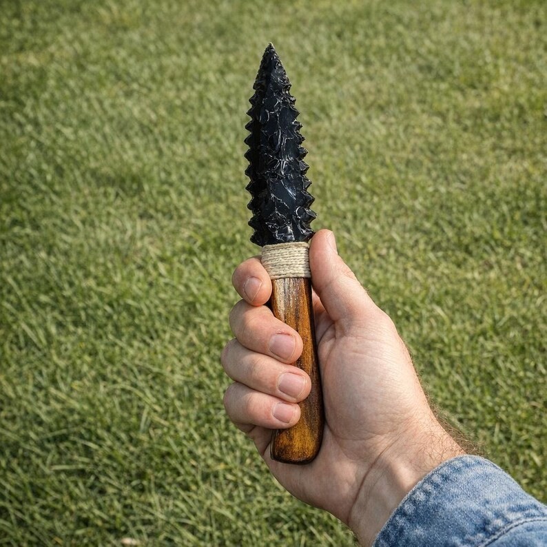 Natural Black Obsidian Knife Wooden Handle Handmade Volcanic Glass Blade